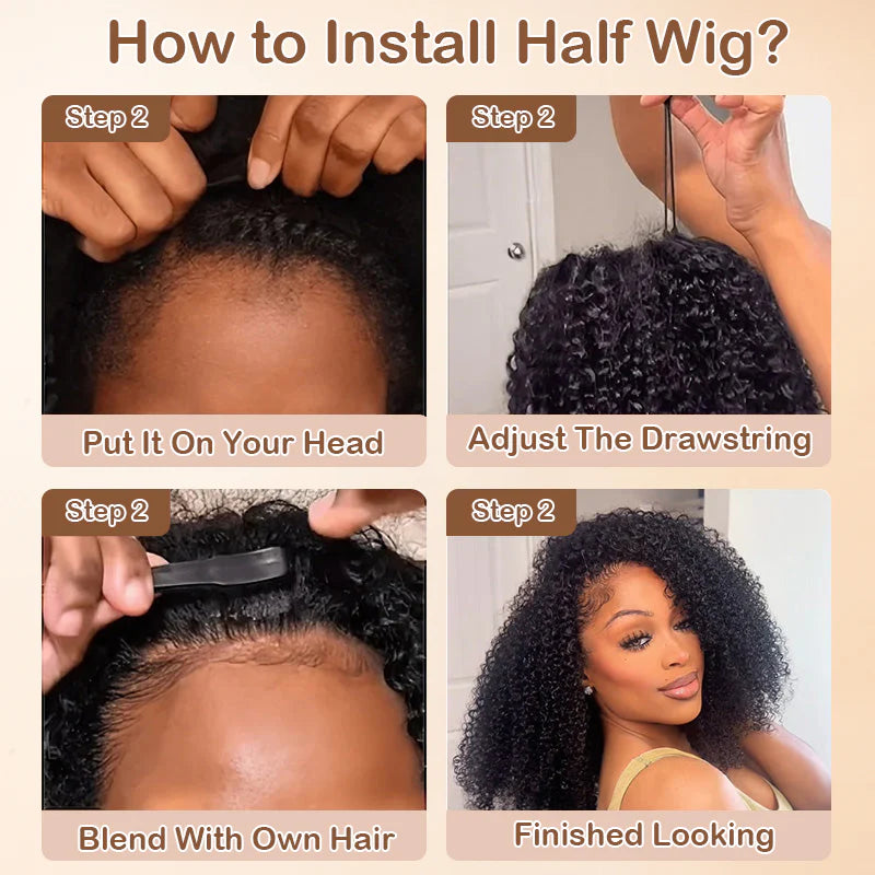 Cascade - Medium Length Curly Natural Black │Closure Half Wig U-Part │Indian Virgin Hair