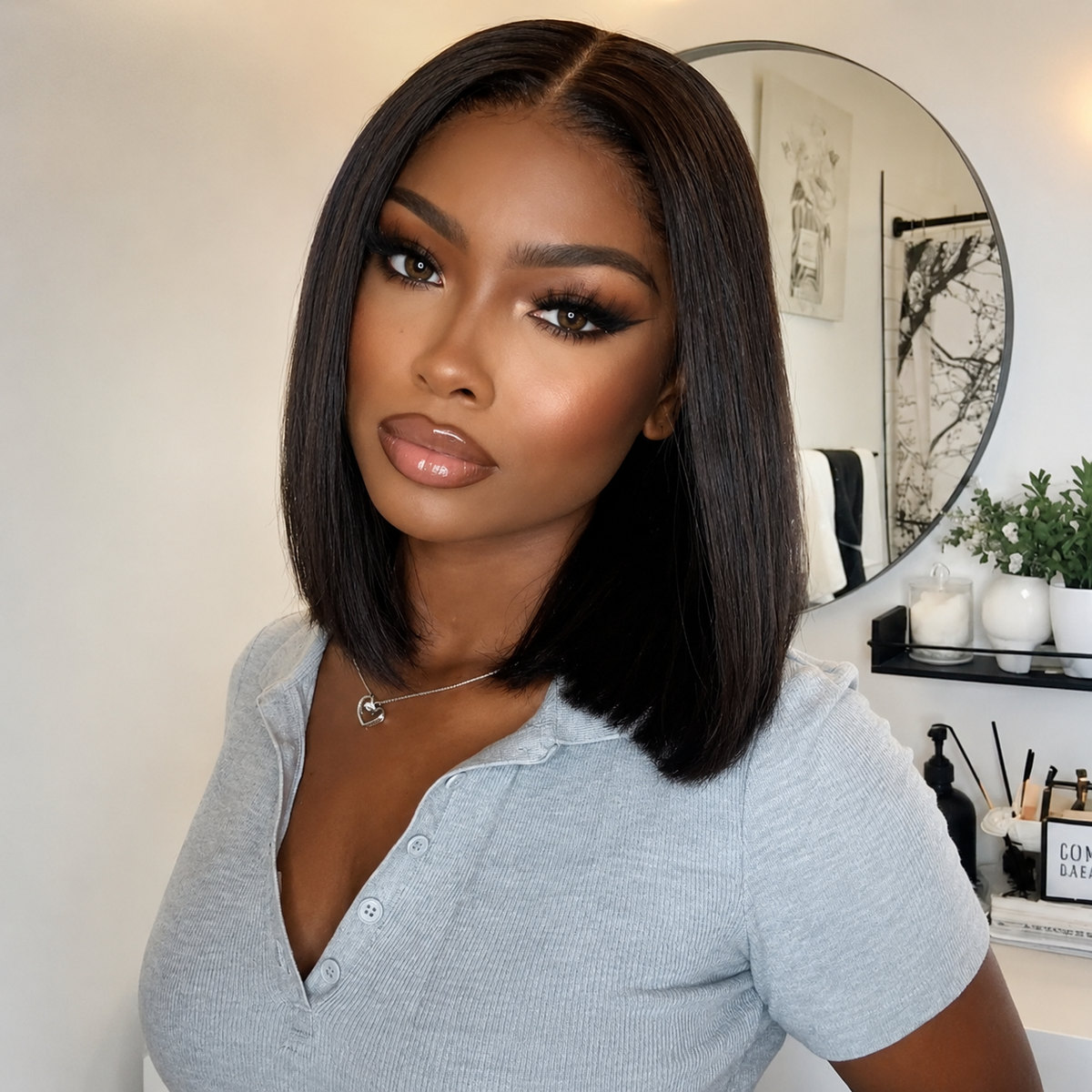 Ink - Smooth Square Bob Plunging │Tulle Side Part C │ Indian Virgin Hair