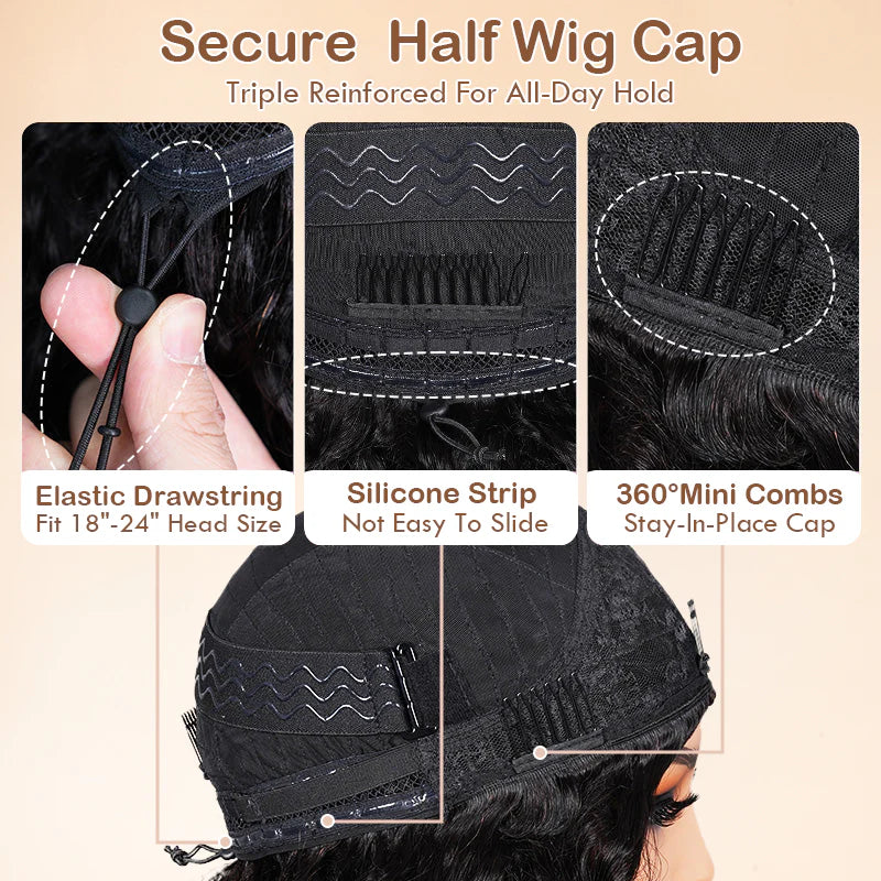Cascade -Mi Longue Bouclée Curly Noir Naturel │Closure Half Wig U-Part │Cheveux Vierges Indiens