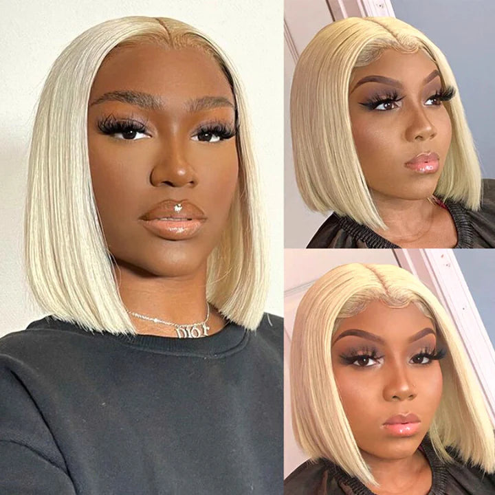 Crystal - Bob Carré Court Lisse Blonde Platine 613 │ Closure HD 13x6 │ Cheveux Japonais Vierges