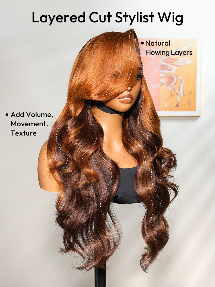 Ambre - Perruque Ondulée Frange Rideaux │Lace Frontale 13x4│ Cheveux Malaisiens Vierges