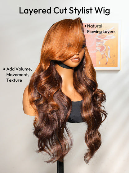 Ambre - Perruque Ondulée Frange Rideaux │Lace Frontale 13x4│ Cheveux Malaisiens Vierges