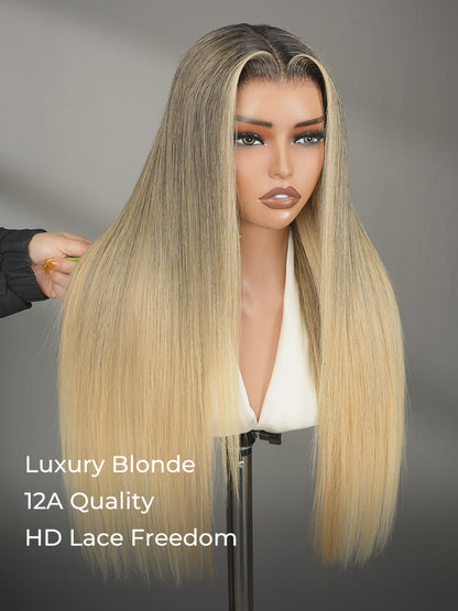 12A cheveux bruts, reflets blond champagne HD en dentelle, perruque prête à l’emploi