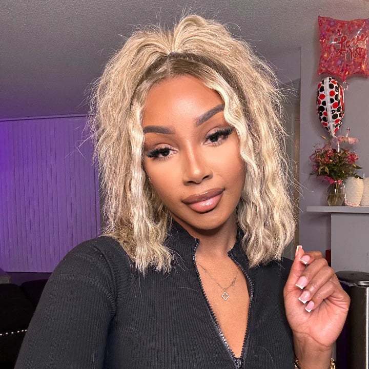 Perle - Bob Carrée Court Blonde Cendré Nacré │ Closure HD 13x4 │  Cheveux Indiens Vierges