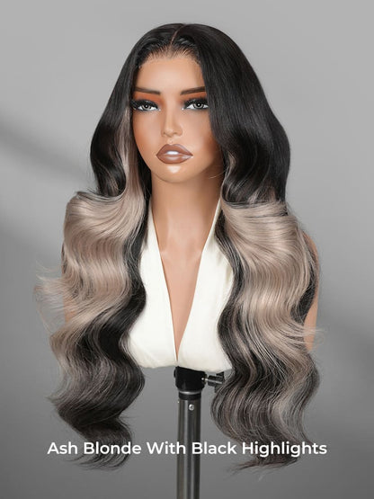 Perruque en dentelle HD HD Skin Blonde Ash Highlight avec couches haute densité