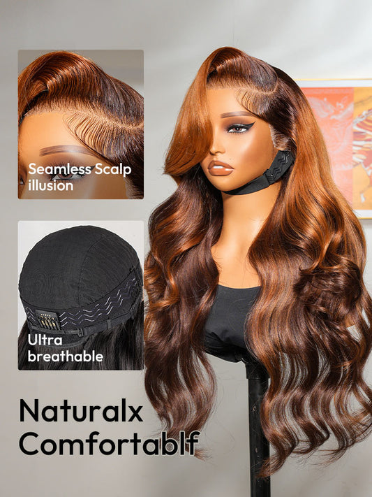 Ambre - Perruque Ondulée Frange Rideaux │Lace Frontale 13x4│ Cheveux Malaisiens Vierges