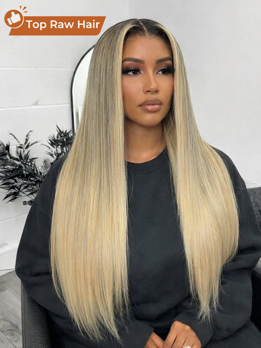 12A cheveux bruts, reflets blond champagne HD en dentelle, perruque prête à l’emploi