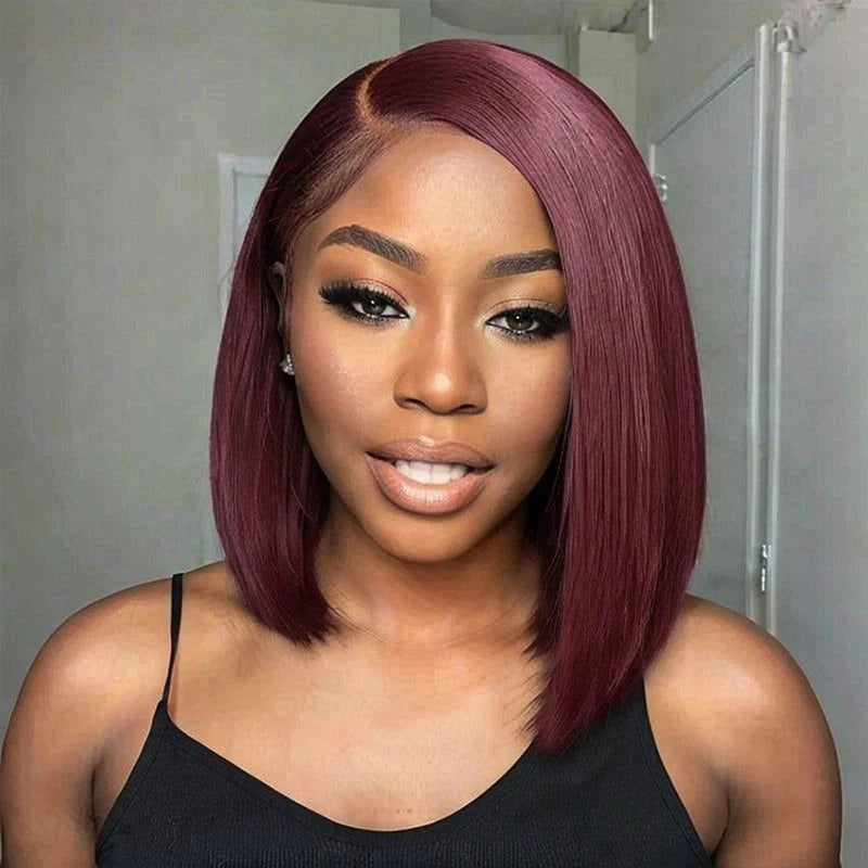 Grenat - Bob Carré Lisse Rouge Bordeaux I Tulle HD 13x4 I Densité 150% I Cheveux Humains Brésiliens Vierges