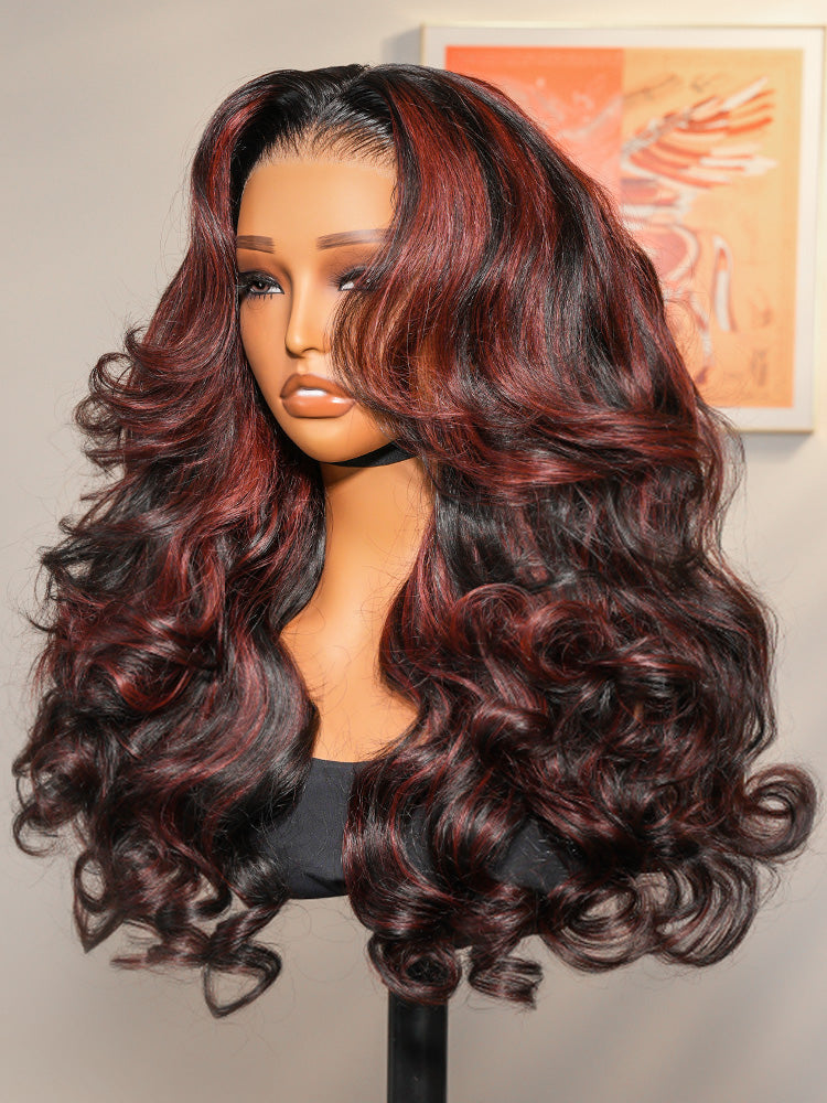Pourpre - Curly Volumineuse Noir & Reflet Prune │HD Lace 13x4 │Cheveux Vierges Indiens