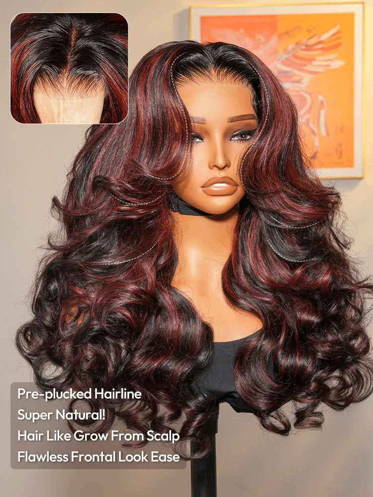 Pourpre - Curly Volumineuse Noir & Reflet Prune │HD Lace 13x4 │Cheveux Vierges Indiens