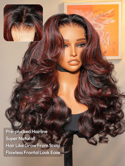 Pourpre - Curly Volumineuse Noir & Reflet Prune │HD Lace 13x4 │Cheveux Vierges Indiens