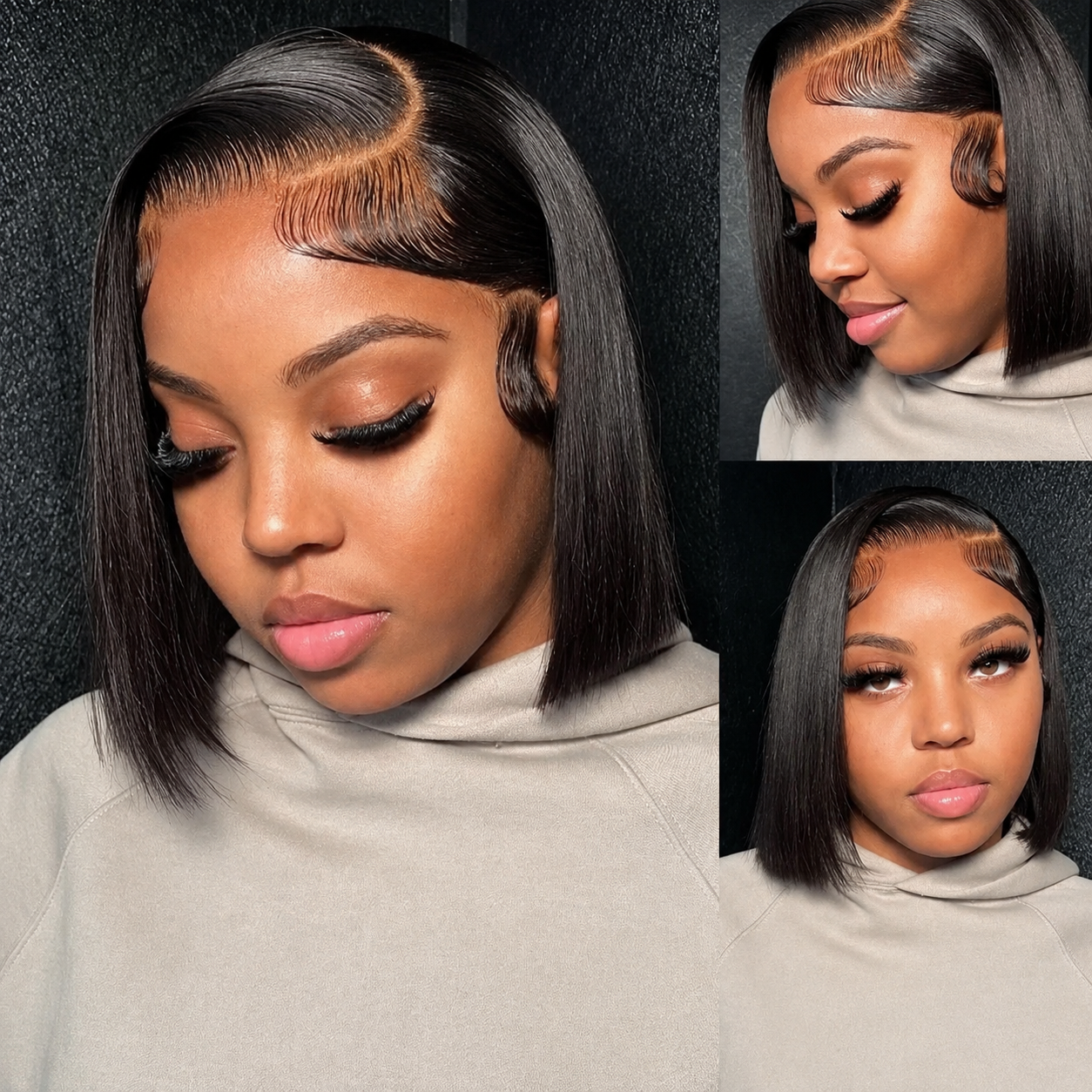 Encre - Bob Carré Lisse Plongeant │Tulle Raie Coté C │ Cheveux Vierges Indiens
