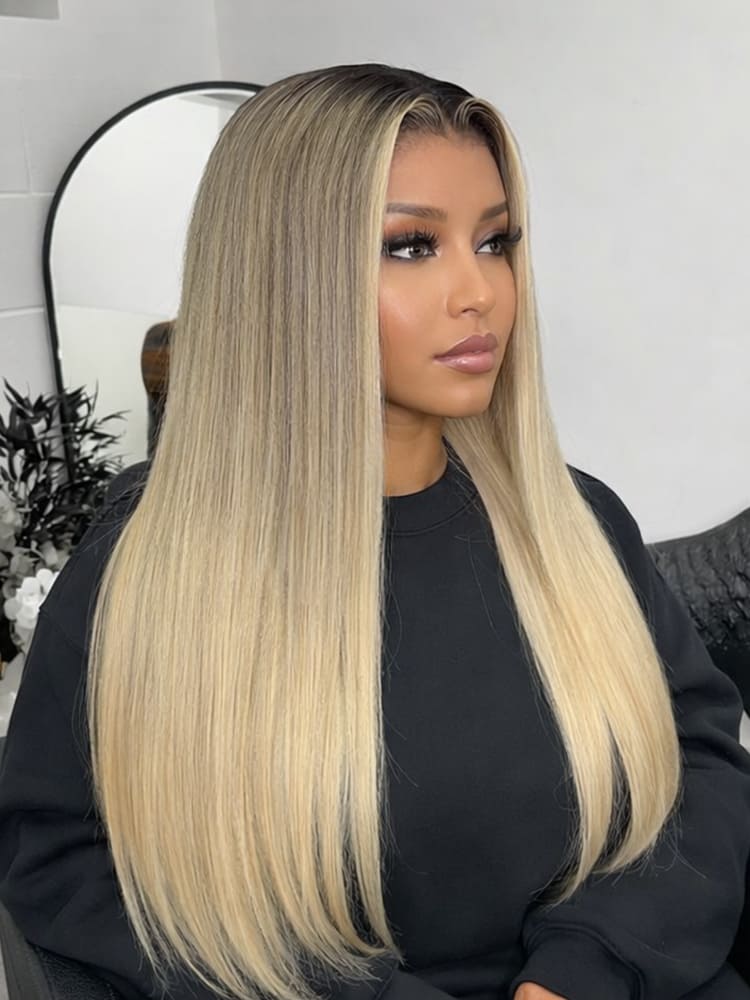 12A cheveux bruts, reflets blond champagne HD en dentelle, perruque prête à l’emploi