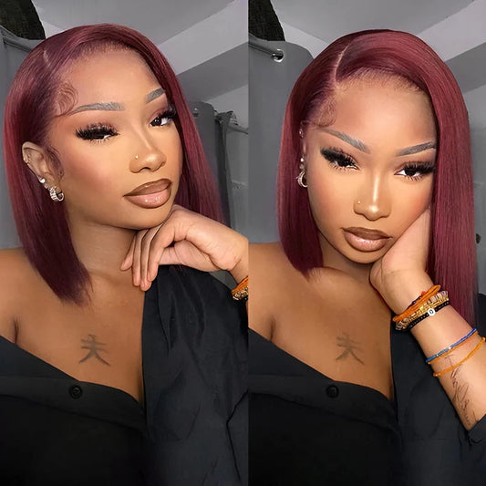 Grenat - Bob Carré Lisse Rouge Bordeaux I Tulle HD 13x4 I Densité 150% I Cheveux Humains Brésiliens Vierges