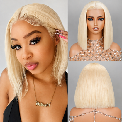 Crystal - Bob Carré Court Lisse Blonde Platine 613 │ Closure HD 13x6 │ Cheveux Japonais Vierges