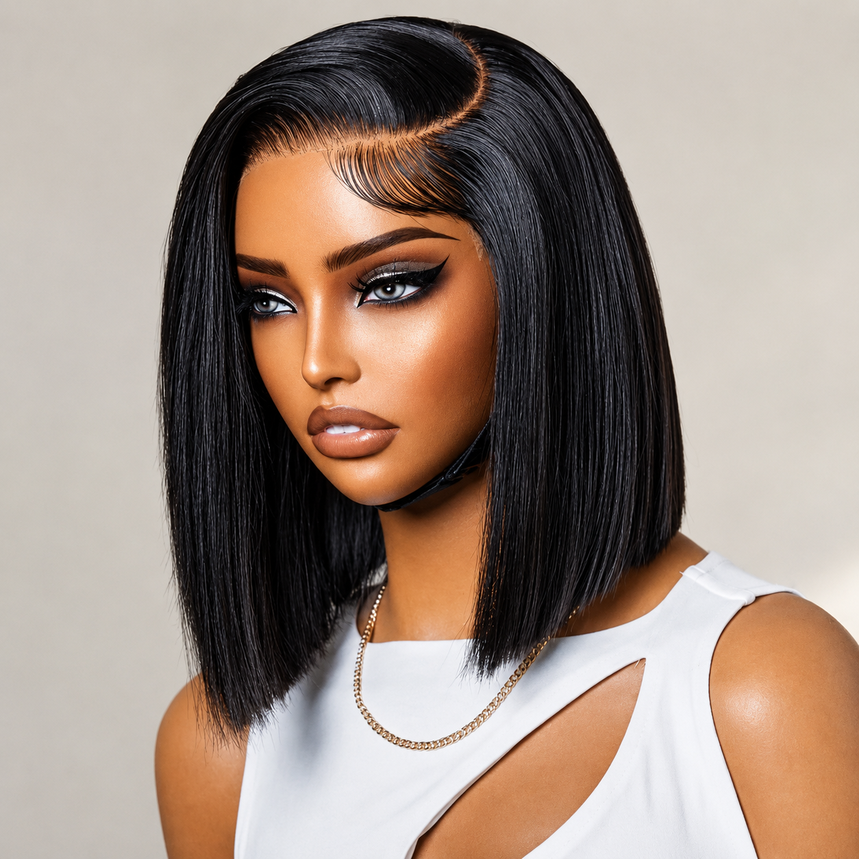 Encre - Bob Carré Lisse Plongeant │Tulle Raie Coté C │ Cheveux Vierges Indiens