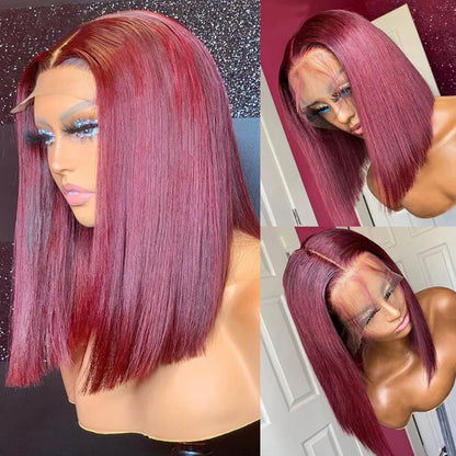 Grenat - Bob Carré Lisse Rouge Bordeaux I Tulle HD 13x4 I Densité 150% I Cheveux Humains Brésiliens Vierges