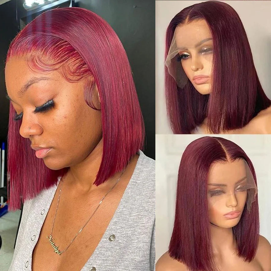 Grenat - Bob Carré Lisse Rouge Bordeaux I Tulle HD 13x4 I Densité 150% I Cheveux Humains Brésiliens Vierges
