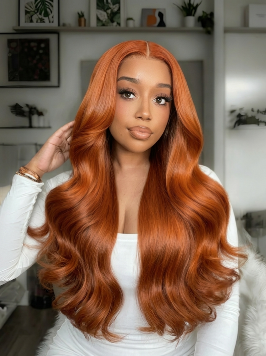 Safran - Longue Ondulée Body Wave Orange Cuivré │ Tulle HD 13x6 │  Cheveux Malaisiens Vierges