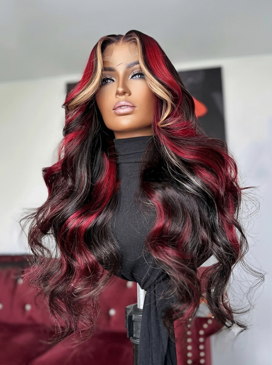 Aurora - Longue Ondulée Rouge Bordeaux & Blond Miel │ Tulle HD 13x6 │  Cheveux Malaisiens Vierges