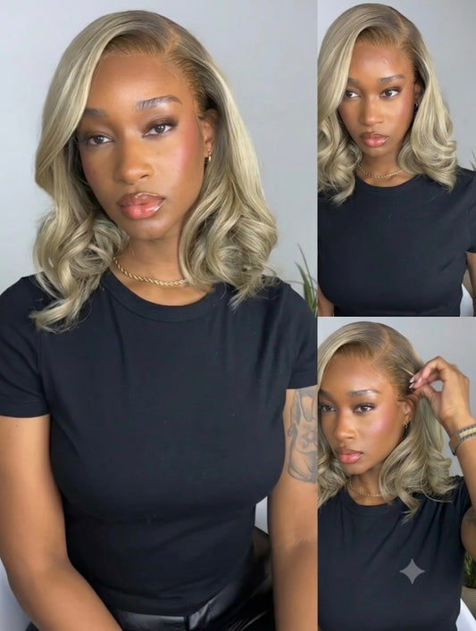 Perle - Bob Carrée Court Blonde Cendré Nacré │ Closure HD 13x6 │  Cheveux Indiens Vierges