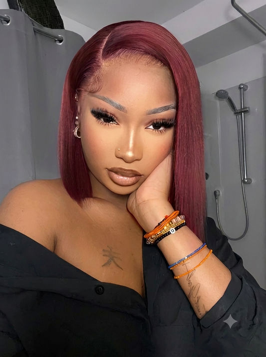 Grenat - Bob Carré Lisse Rouge Bordeaux I Tulle HD 13x6 I Densité 150% I Cheveux Humains Brésiliens Vierges