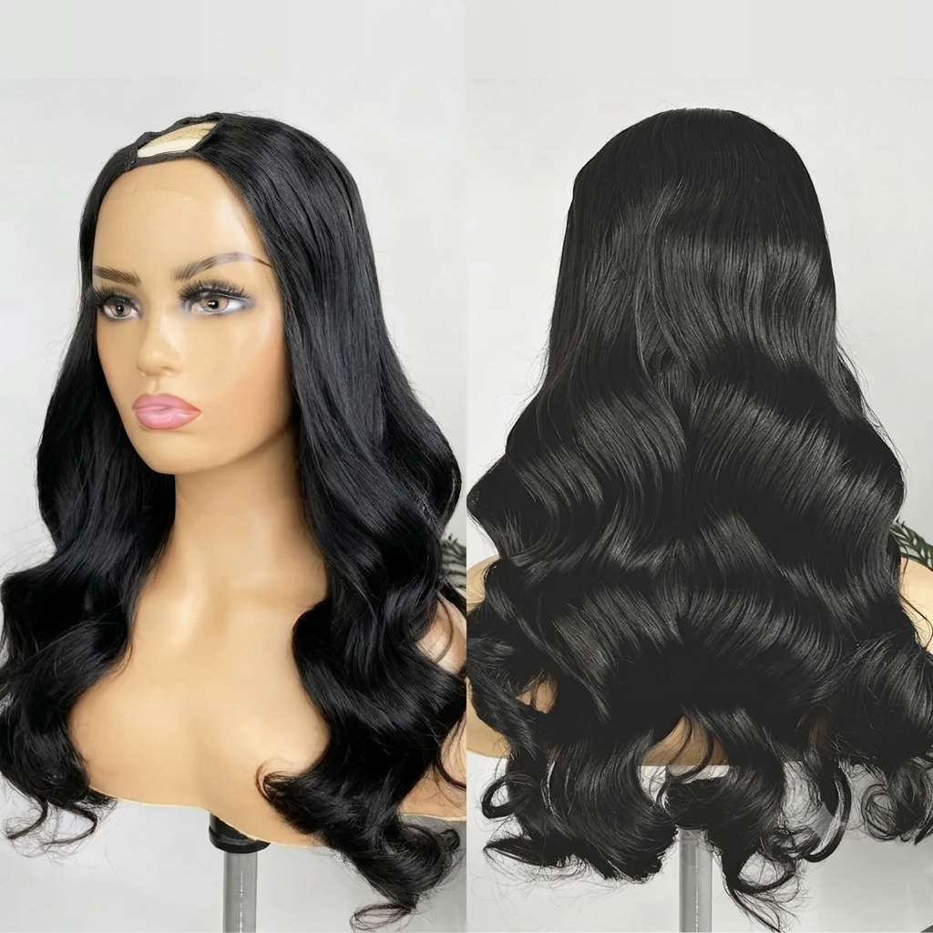 Cascade - Medium Length Curly Natural Black │Closure Half Wig U-Part │Indian Virgin Hair