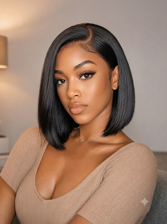 Encre - Bob Carré Lisse Plongeant │Tulle Raie Coté C │ Cheveux Vierges Indiens