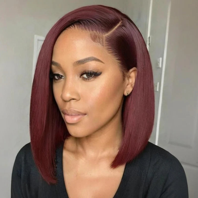 Grenat - Bob Carré Lisse Rouge Bordeaux I Tulle HD 13x4 I Densité 150% I Cheveux Humains Brésiliens Vierges