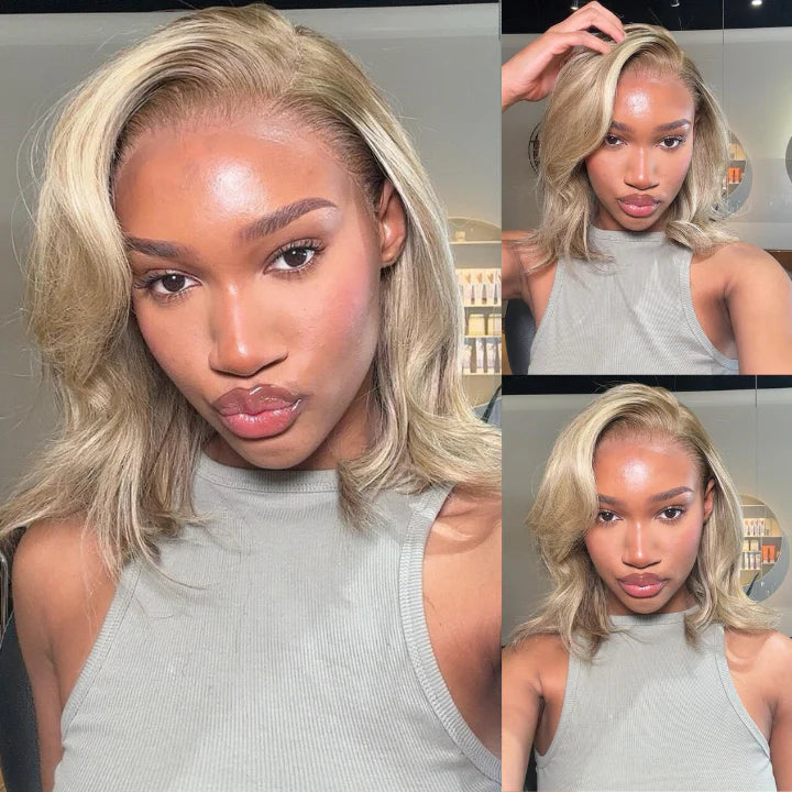 Perle - Bob Carrée Court Blonde Cendré Nacré │ Closure HD 13x4 │  Cheveux Indiens Vierges