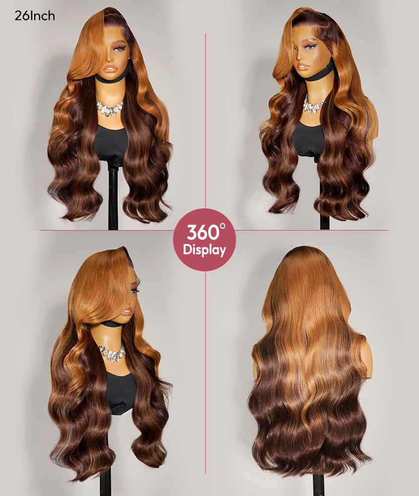 Ambre - Perruque Ondulée Frange Rideaux │Lace Frontale 13x4│ Cheveux Malaisiens Vierges