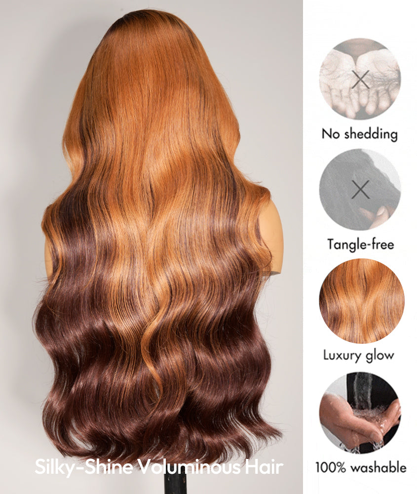 Ambre - Perruque Ondulée Frange Rideaux │Lace Frontale 13x4│ Cheveux Malaisiens Vierges
