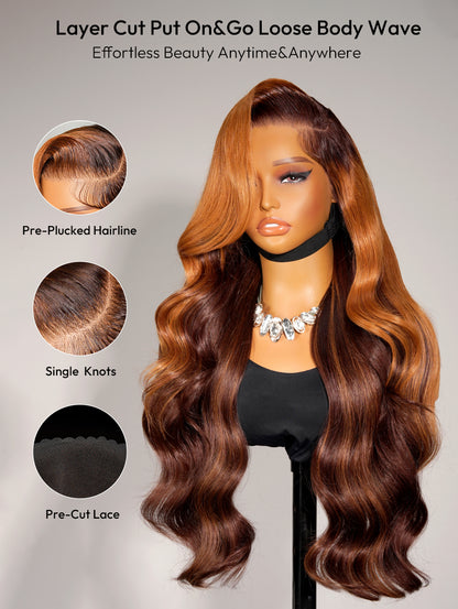 Ambre - Perruque Ondulée Frange Rideaux │Lace Frontale 13x4│ Cheveux Malaisiens Vierges