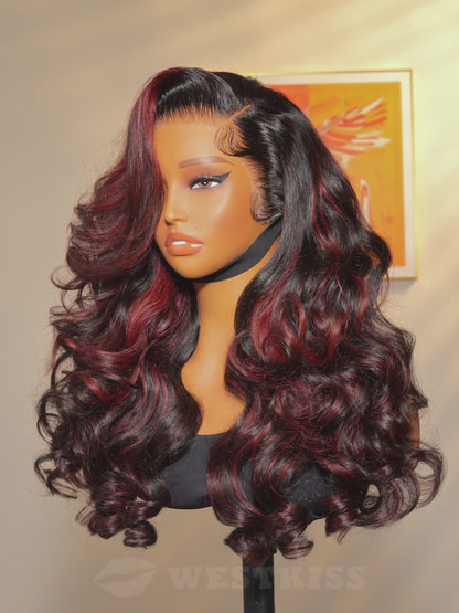 Pourpre - Curly Volumineuse Noir & Reflet Prune │HD Lace 13x4 │Cheveux Vierges Indiens