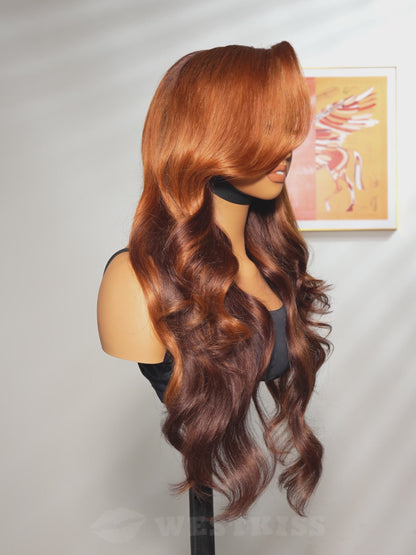 Ambre - Perruque Ondulée Frange Rideaux │Lace Frontale 13x4│ Cheveux Malaisiens Vierges