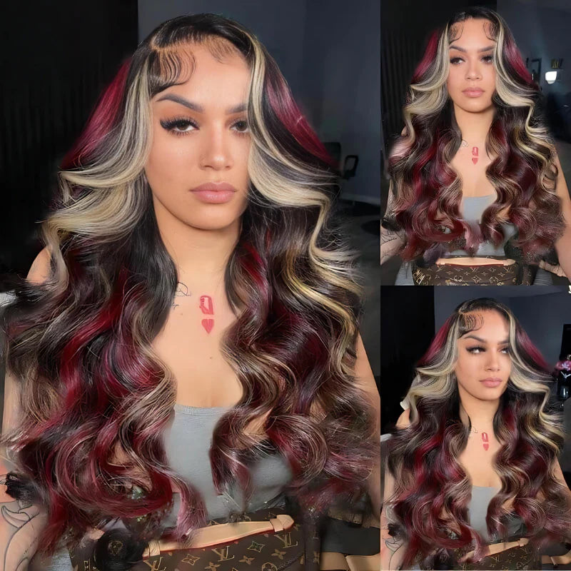 Aurora - Longue Ondulée Rouge Bordeaux & Blond Miel │ Tulle HD 13x6 │  Cheveux Malaisiens Vierges