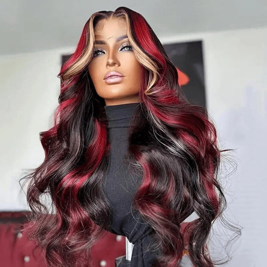 Aurora - Longue Ondulée Rouge Bordeaux & Blond Miel │ Tulle HD 13x6 │  Cheveux Malaisiens Vierges