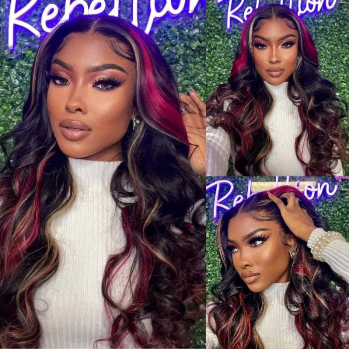 Aurora - Longue Ondulée Rouge Bordeaux & Blond Miel │ Tulle HD 13x6 │  Cheveux Malaisiens Vierges